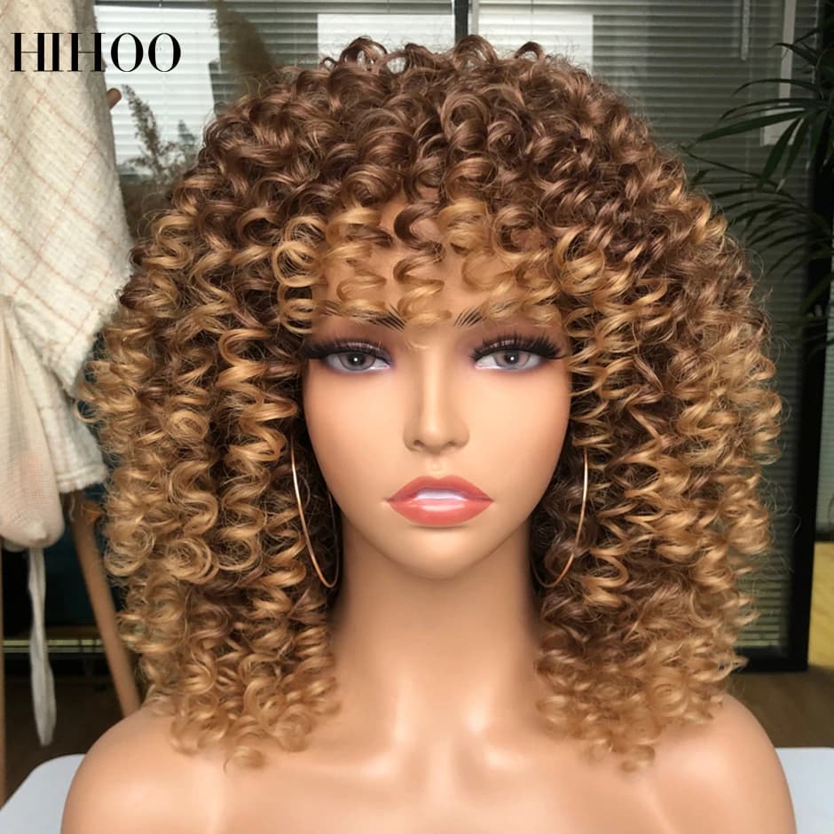 Perruque Afro bouclée crépue avec frange, perruques synthétiques courtes pour femmes noires, ombré brun blond, cheveux de Cosplay à haute température