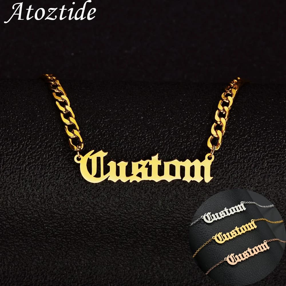 Collier personnalisé avec nom en acier inoxydable, lettre personnalisée, chaîne épaisse NK de 5mm pour femmes et hommes, pendentif avec plaque signalétique, cadeau