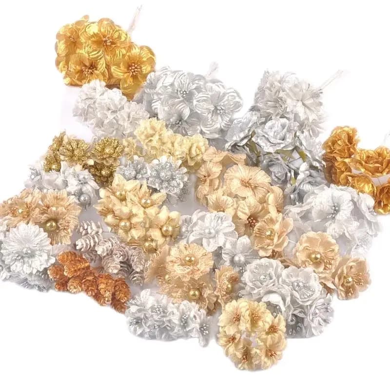 2 Bouquet Mini fleurs de plantes artificielles dorées/argentées, boîte-cadeau de gâteau de mariage de noël, fournitures de décoration de couronne DIY cp3091