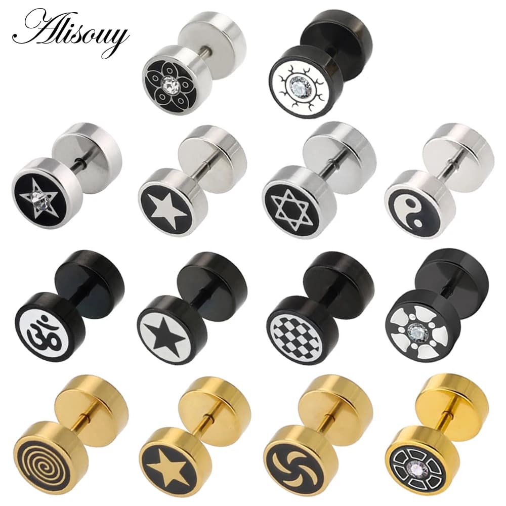 Alisouy 2 pièces couleur or haltère en acier inoxydable hommes boucles d'oreilles Punk Piercing oreille Stud femmes bijoux meilleur boucle d'oreille pour ami