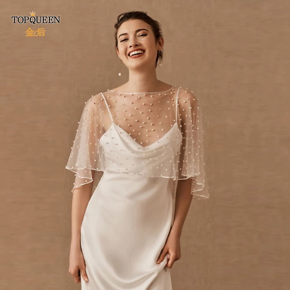 TOPQUEEN G27 boléro femmes veste Cape perles passepoil perlé col rond sans manches Cape mariée châle veste pour robe de soirée bricolage