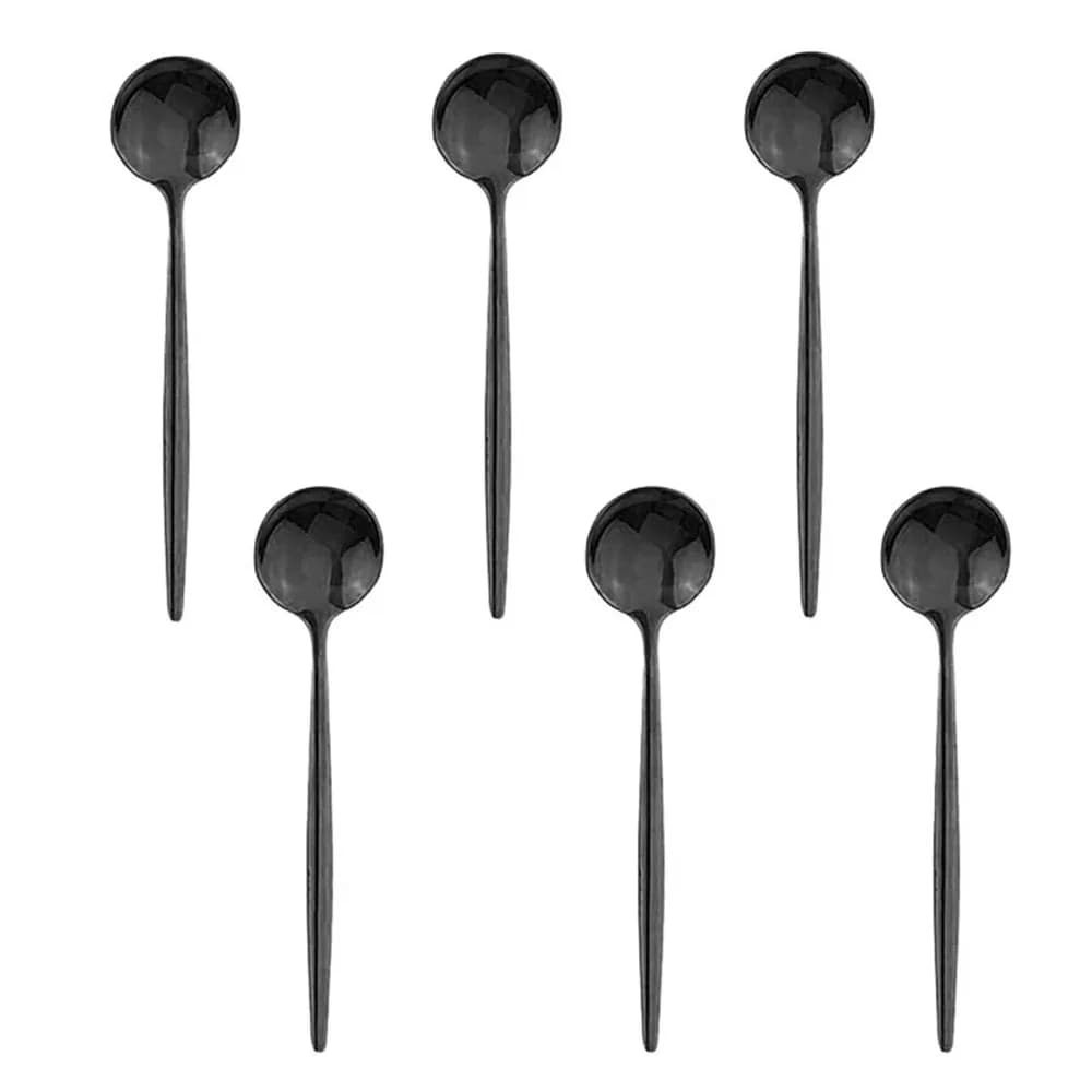 Cuillère à café en acier inoxydable poli, cuillère à thé, cuillère à dessert, cuillère à crème glacée, couverts noirs, accessoires de cuisine, 6 pièces