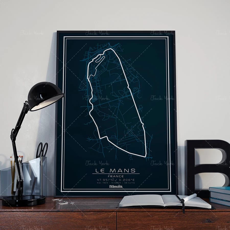 Impression sur piste de course du Mans. Papier d'art de silhouette de circuit de course, impression de voiture blanche, impression murale, cadeau d'anniversaire