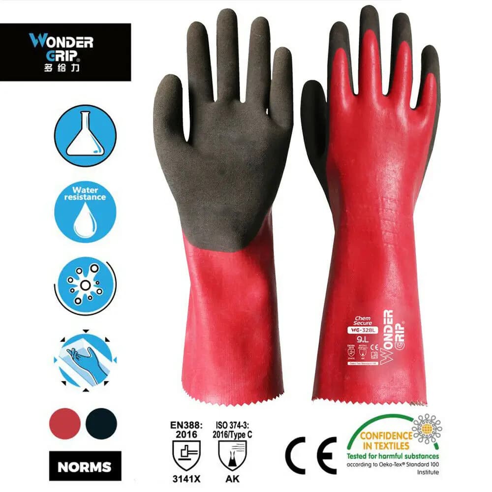 Gants de travail Wonder Grip Lengthening WG-328L imperméables et résistants aux produits chimiques, entièrement enduits de latex, allongés, Aqua