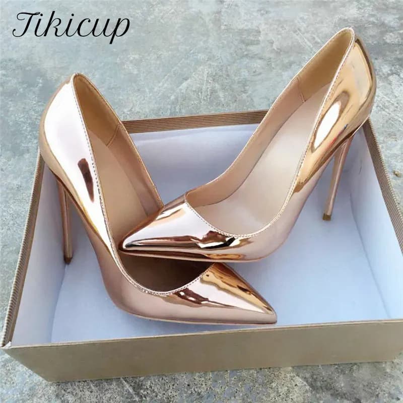 Tikicup femmes brillant or bout pointu talons aiguilles Sexy dames brevet pompes 12 cm 10 cm 8 cm brillant mariage chaussures de mariée