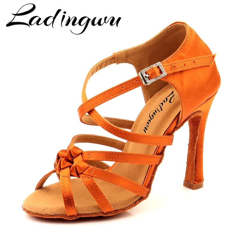 Ladingwu Bronze soie Satin chaussures de danse latine Olassic quatre bandes noeud Salsa chaussures de danse salle de bal Tango chaussures de danse