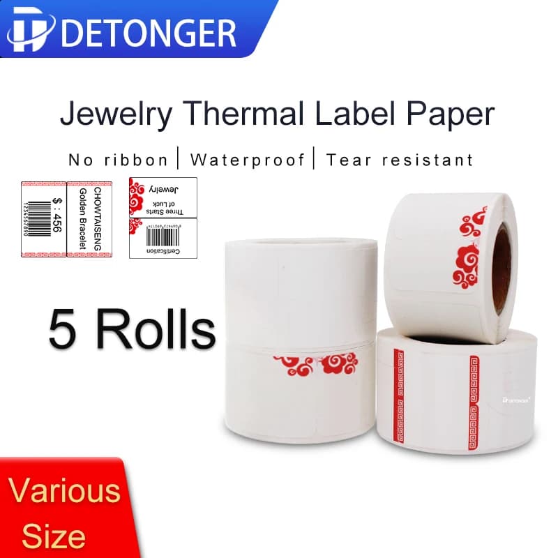 DETONGER – étiquettes thermiques pour bijoux, 5 rouleaux, étanche à l'huile, anti-rayures, étiquette de prix, modèle d'application gratuit, papier autocollant