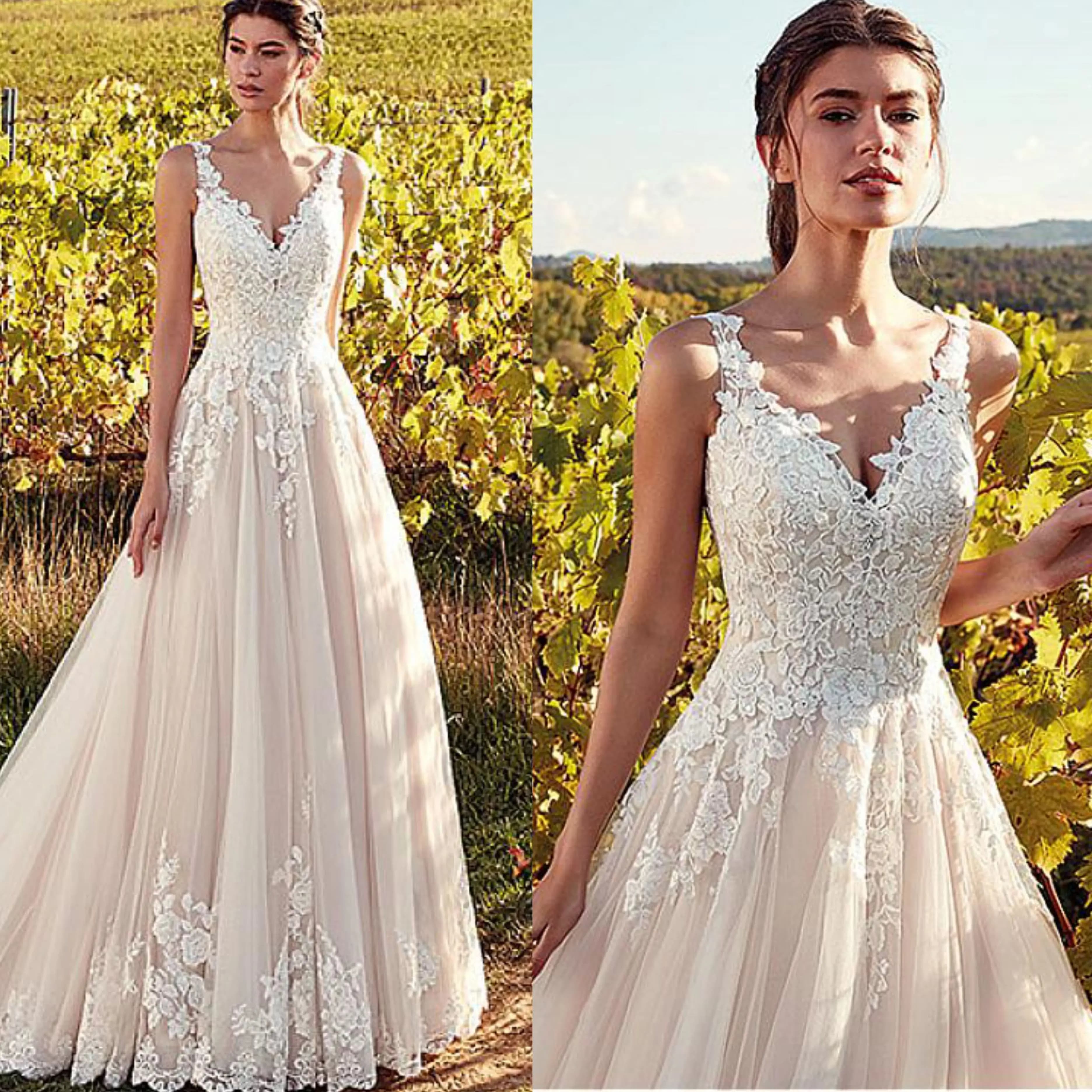 Robes de mariée classiques personnalisées à col en V, couleur champagne, coupe trapèze, avec appliques, longueur au sol, Vestidos De Noiva 2021, robes de mariée pas chères
