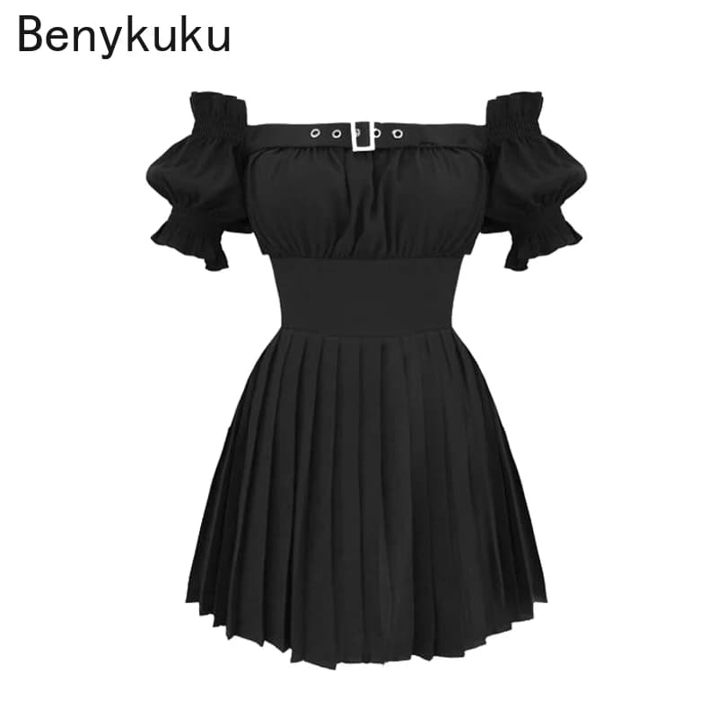 Robe d'été noire gothique Punk à rivets, manches bouffantes, décontractée, Mini robe Vintage Sexy, épaules dénudées, dos nu, mode Streetwear