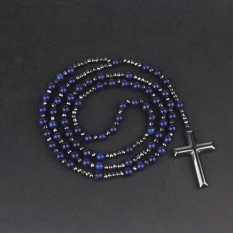 Chapelet en pierres précieuses naturelles, œil de tigre, Lapis Lazuli, perles d'échtrolite, Long collier, pendentif croix en hématite, bijoux religieux