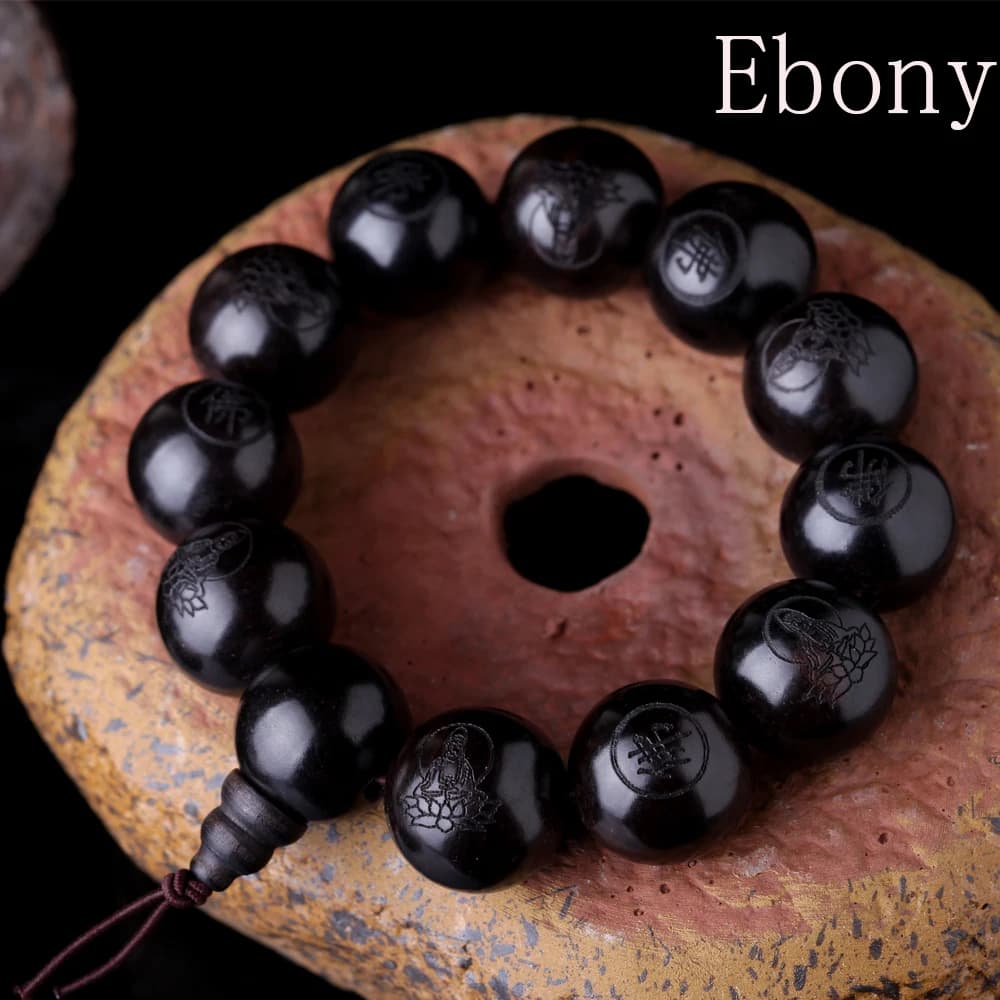 Perles de Prière en Bois Noir Naturel, Bracelet Bouddhiste Tibétain Ma, Chapelet, Bijoux