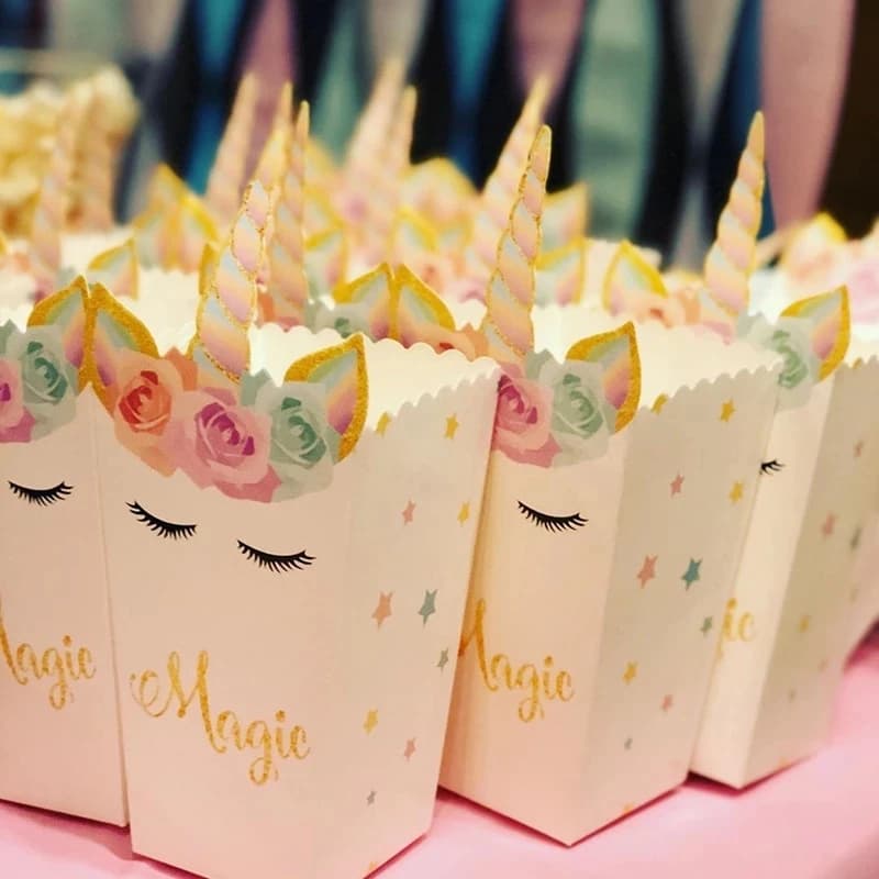 Fournitures de fête licorne, boîte à pop-corn en papier, boîte-cadeau de biscuits, sac pour enfants, thème licorne, décoration de fête d'anniversaire, fournitures de réception-cadeau pour bébé