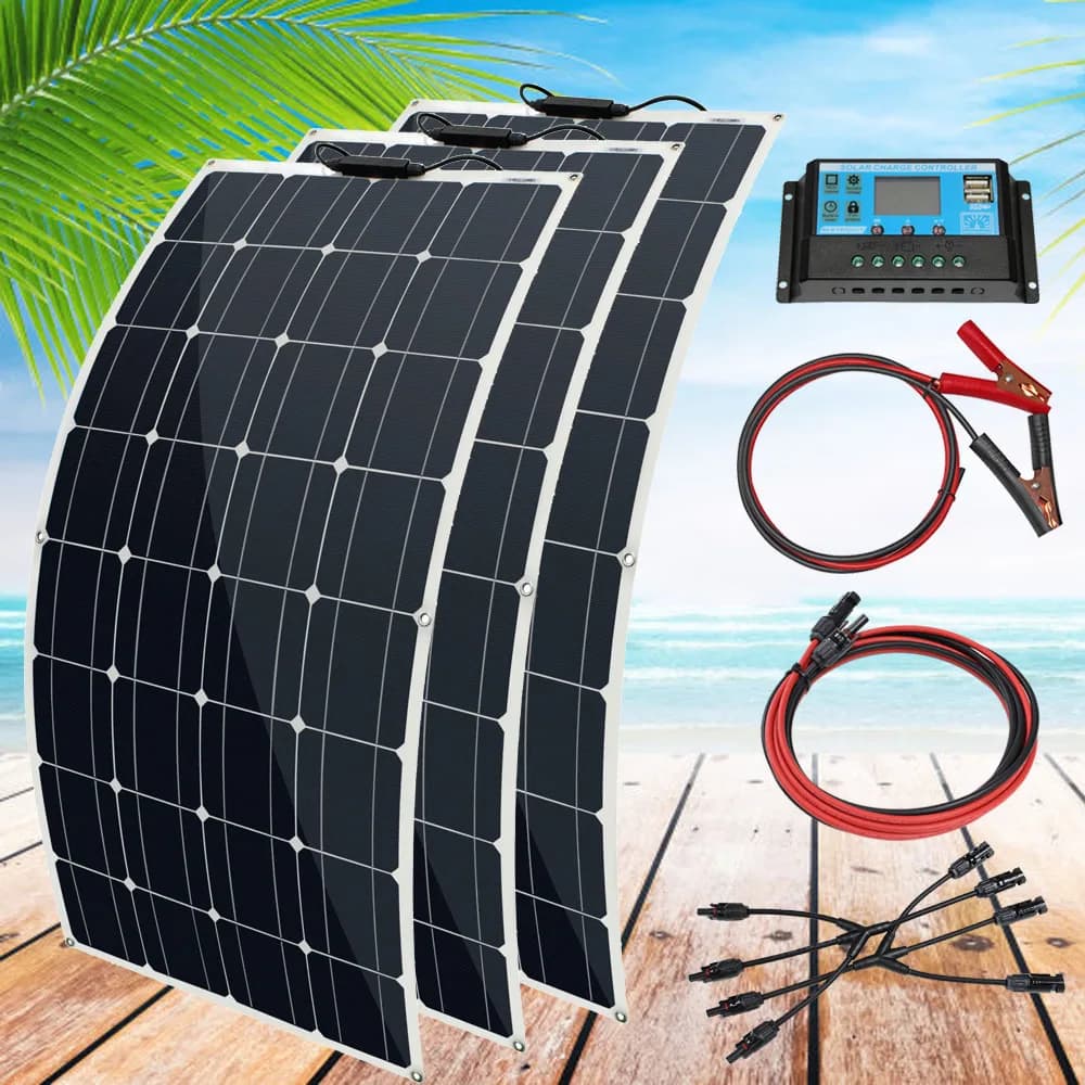 Kit de panneaux solaires flexibles monocristallins haute efficacité 12V 100W 200W 300W pour batterie 12 volts, camping