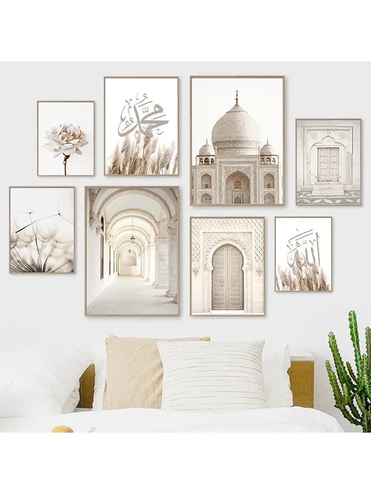 Affiche Beige Islamique pour Décoration de Maison, Toile Imprimée, Mosquée, Porte du Maroc, Citations de Fleurs, Peinture Artistique Murale, Image de Bohême