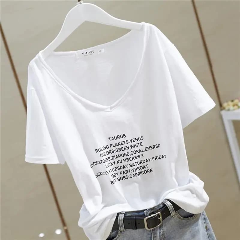 T-shirt Femme 2026 Nouveau Col en V Ample en Coton Slub à Lettres, Manches Courtes, Style Décontracté, Tendance Ins, Top Sexy