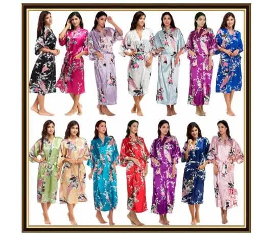 Kimono japonais ample à manches courtes pour femme, en satin de soie, pyjama, robe de chambre, yukata, robe longue de spa motif paon