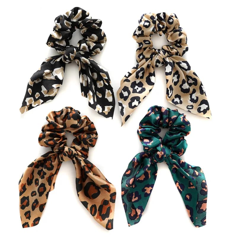Chouchou élastique oreilles de lapin pour fille, imprimé léopard, queue de cheval en Satin, nœuds de cheveux, accessoires de capuche pour femmes