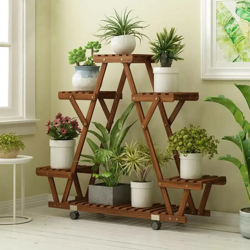 Étagère triangulaire pour plantes, 6 pots en bois carbonisé, support pour pots de fleurs, présentoir de rangement avec roulettes pour jardin