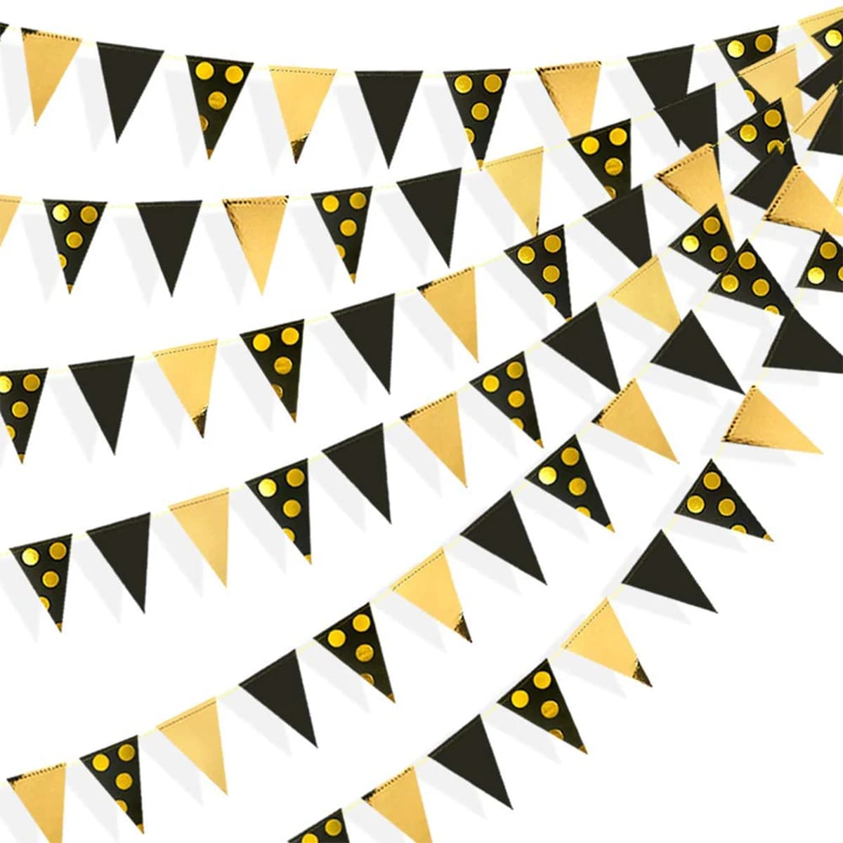 Banderole de fanions à pois en feuille d'or noir, drapeaux triangulaires en papier, guirxiété de banderoles pour mariage, baby shower, décorations de fête d'anniversaire