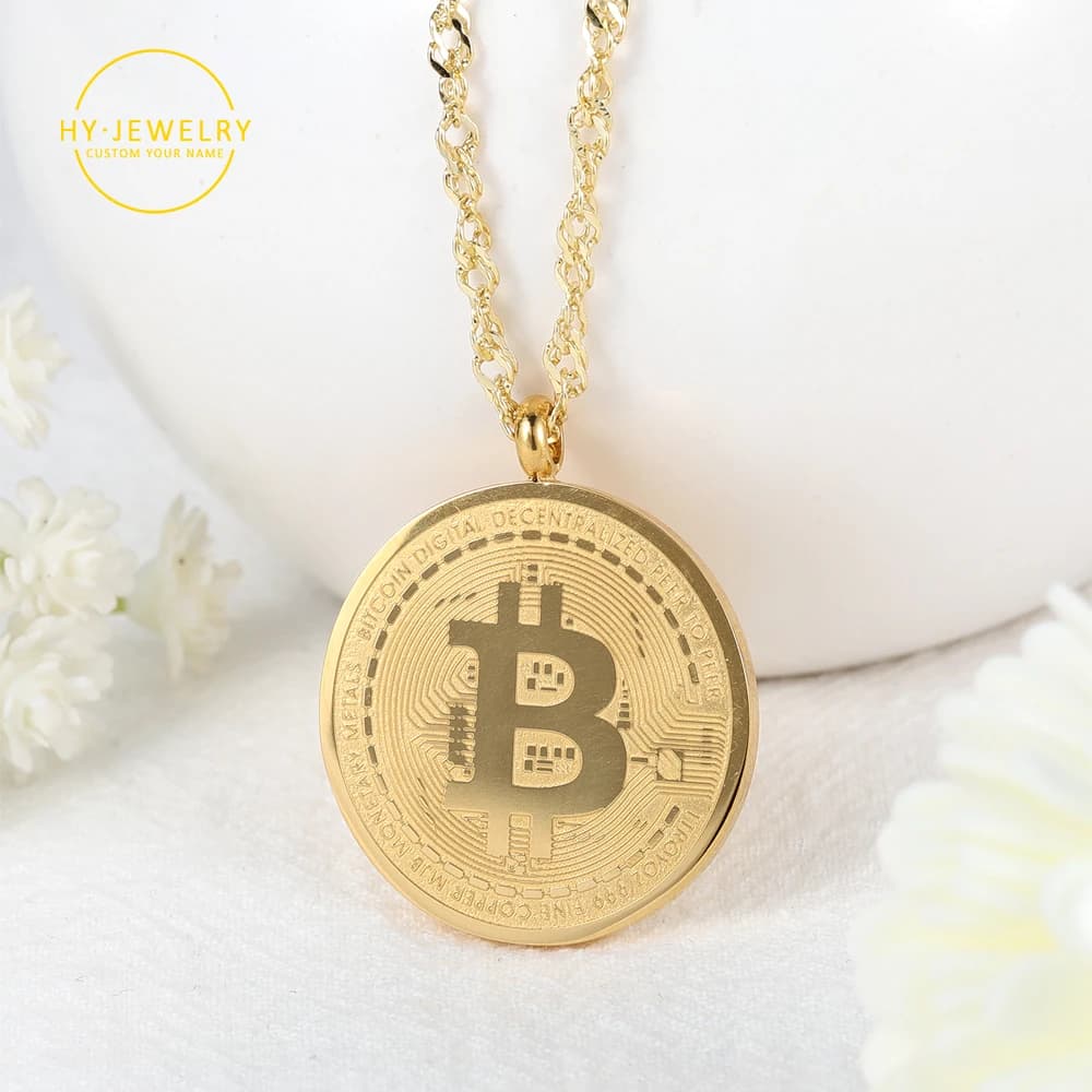 Collier pendentif Bitcoin en or pour hommes et femmes, personnalisé, plaqué or 18 carats, en acier inoxydable, bijoux pour femmes