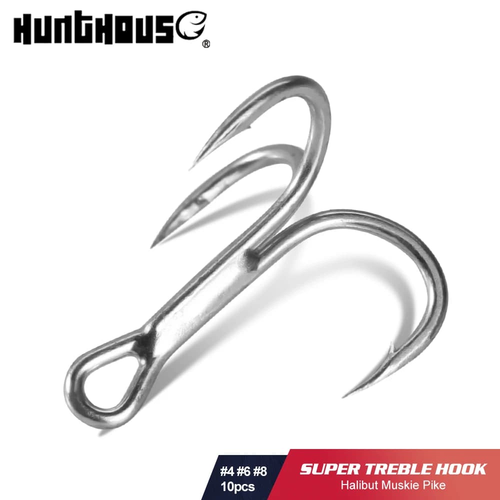 Hameçon triple Hunthouse 3X renforcé, 10 pièces/lot, acier carbone haute résistance, eau salée 4 # 6 # 8 # Pour les accessoires d'outils de pêche à la ligne dure