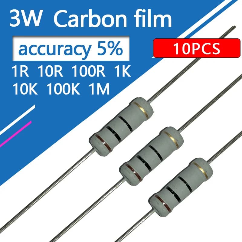 Lot de 10 résistances à film de carbone 3W, quatre couleurs, 1R, 1.2R, 1.5R, 1K, 1K2, 1K5, 10, 12, 15, 100, 120, 150 R, K, Ohm, 10R, 100R, 10K, 15K