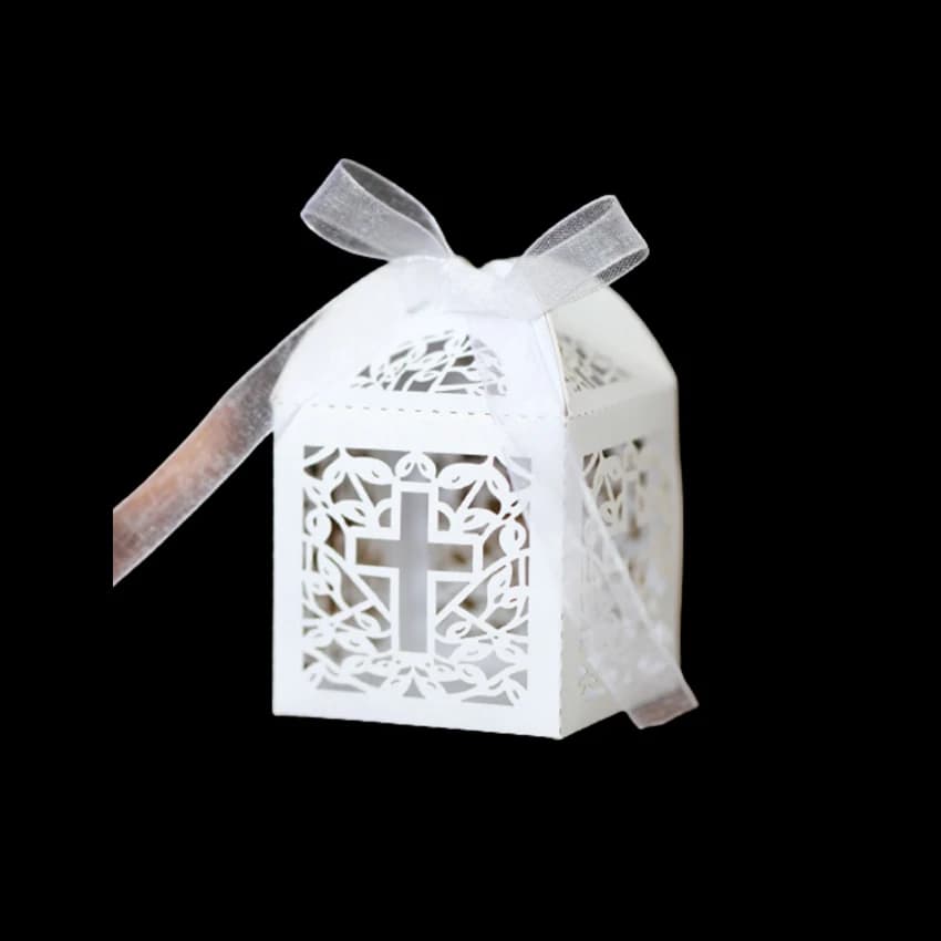 Boîte à cadeaux pour faveurs de mariage découpées au Laser croisé, boîtes à bonbons religieux creuses avec ruban, décor de fête prénatale et de mariage, 10 pièces