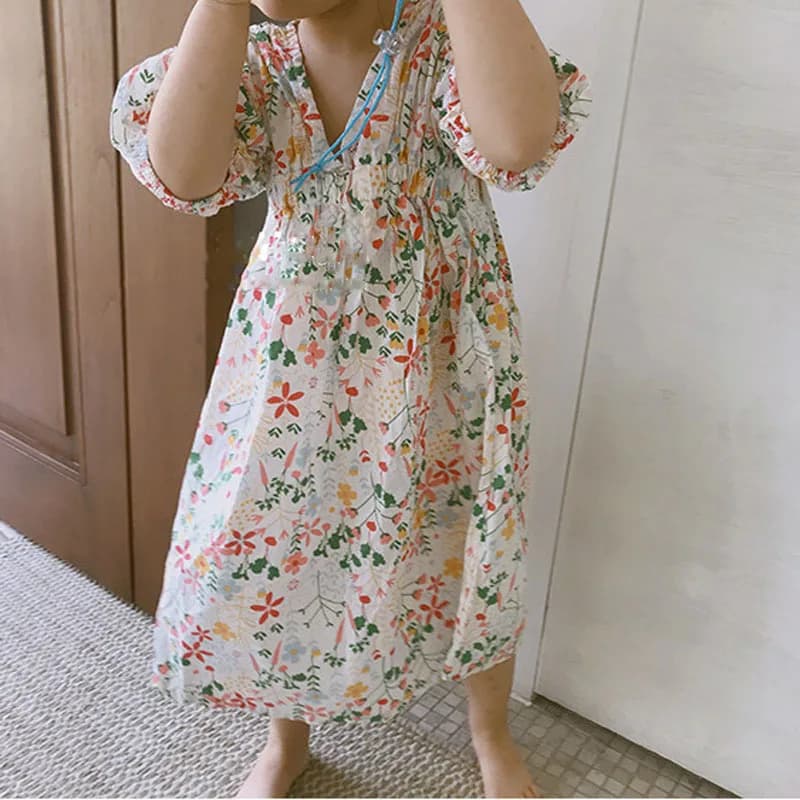 Robe d'été pour filles, Style japonais et coréen, Style pastoral doux, col en v, robe florale, vêtements pour bébés et enfants