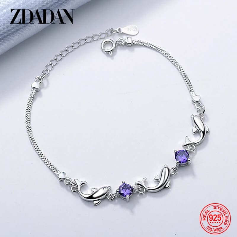 ZDADAN, bracelet à chaîne avec pendentif en forme de petit dauphin et en améthyste, en argent sterling 925, pour femmes, bijou de mode idéal pour les fêtes, cadeau.