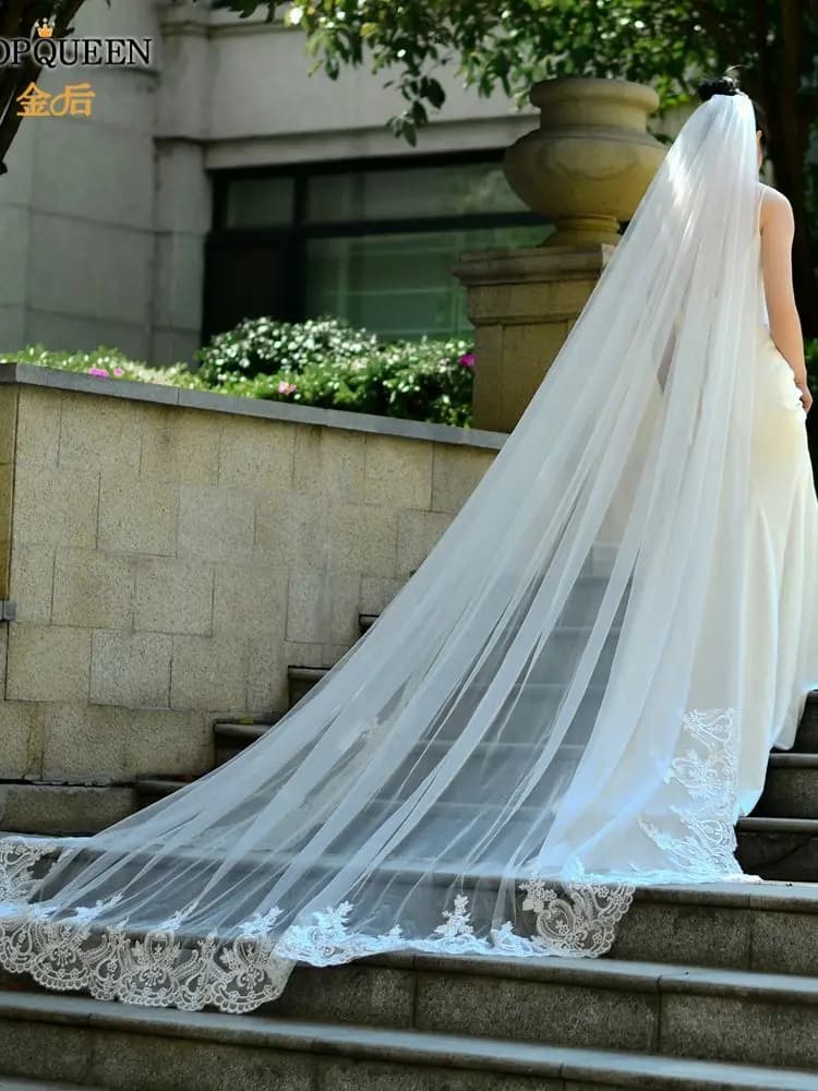 TOPCLS-Voile de mariage cathédrale avec peigne, voile de mariage français, tulle transparent, appliques de broderie en dentelle Alençon, EEN V73, 3m de long
