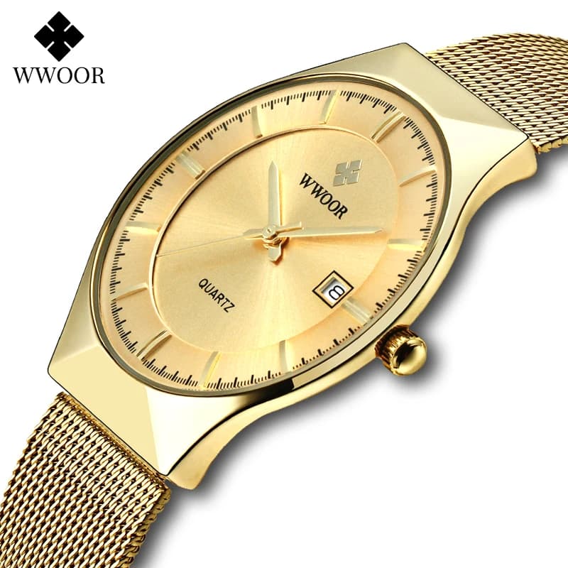 WWOOR luxe Ultra mince hommes montres à Quartz étanche sport décontracté maille acier or automatique Date montre Relogio Masculino