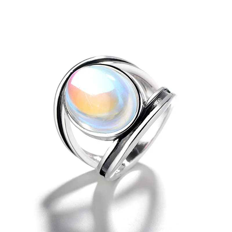 Buyee-Grande bague en argent regardé 925 avec pierre de lune synthétique pour femme, bague narclaire, cercle de bijoux fins, rock punk, mode