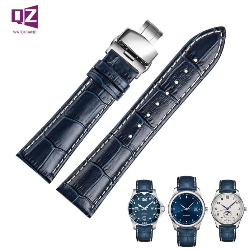 Bracelet de montre en cuir de vache 18 19 20mm 21 22mm bracelet de montre pour Longines citoyen bracelet de montre bleu blanc couture bracelet en cuir véritable