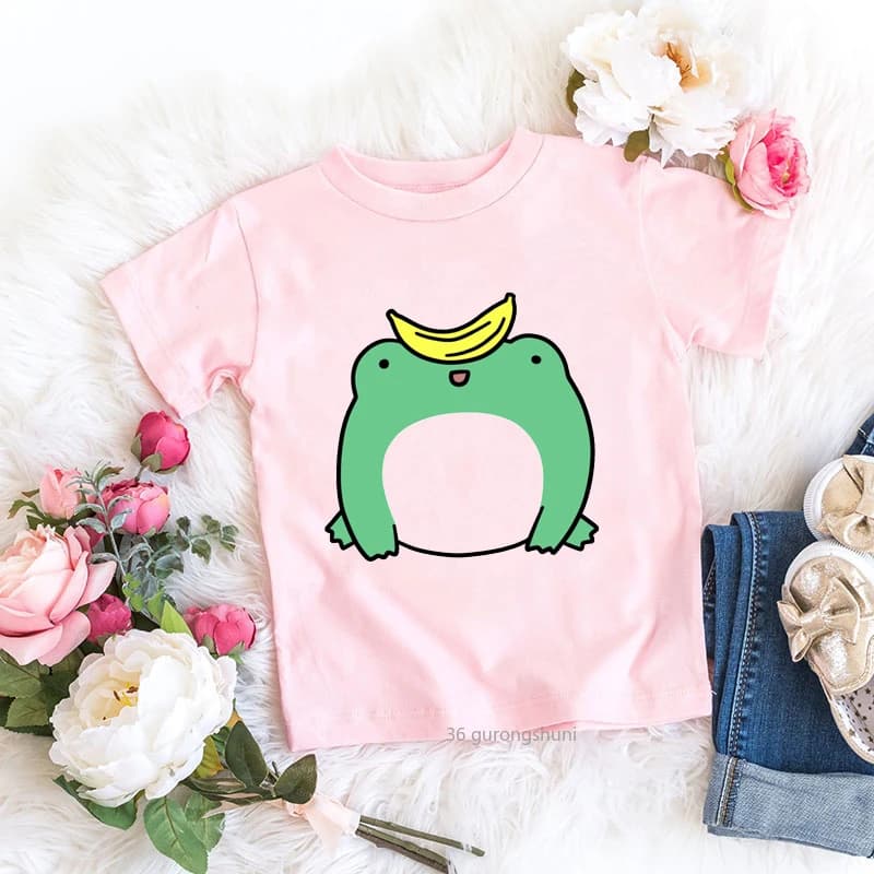 T-shirt rose avec dessin animé de grenouille et de fruits pour filles, vêtements d'anniversaire pour bébés, été