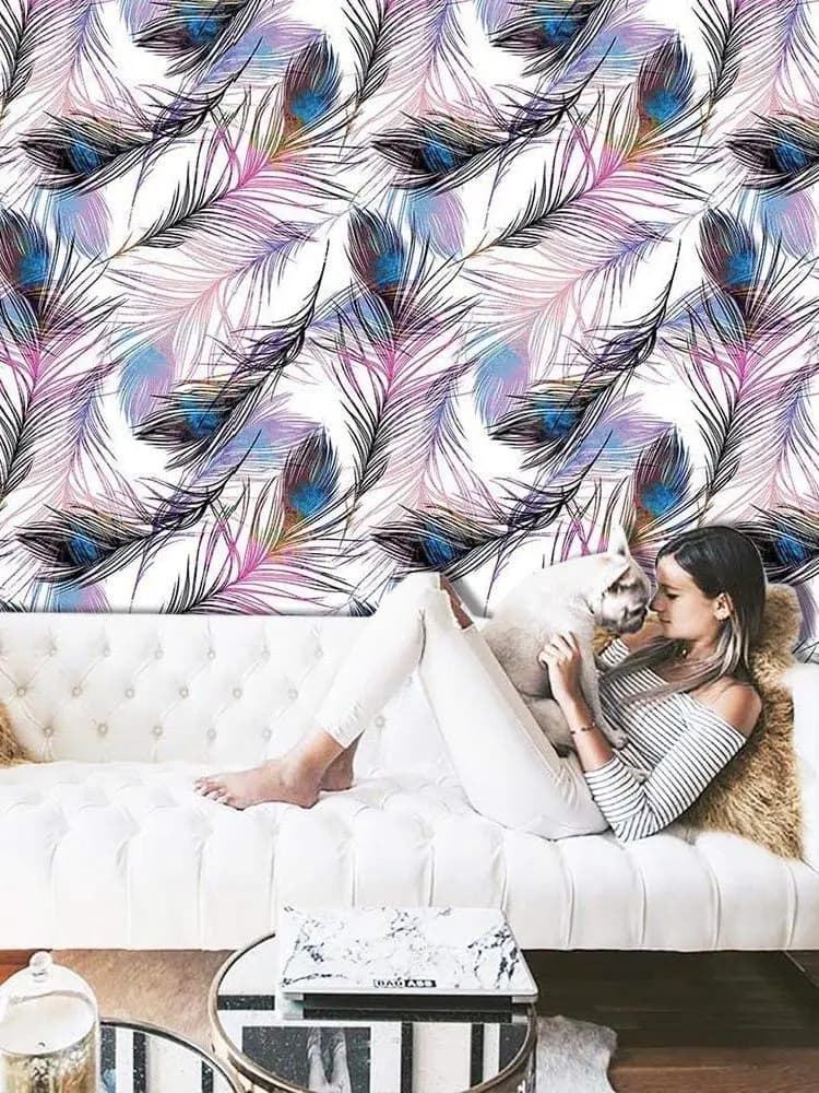Papier Peint Auto-Adhésif à Motif de Plumes Violettes, Film Vinyle
