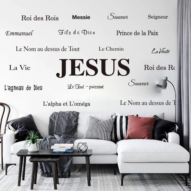 Autocollant mural en vinyle avec nom de jésus français, dieu, Messie, seigneur, chambre à coucher, salon, Bible de jésus, lettrage religieux, décoration de cuisine