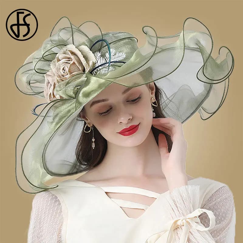 Chapeaux Fascinateurs à fleurs élastiques pour femmes, tri Derby, chapeau de soleil en organza, grand Fedoras élégant pour dames, bord large, mariage, mariée, église, 2024
