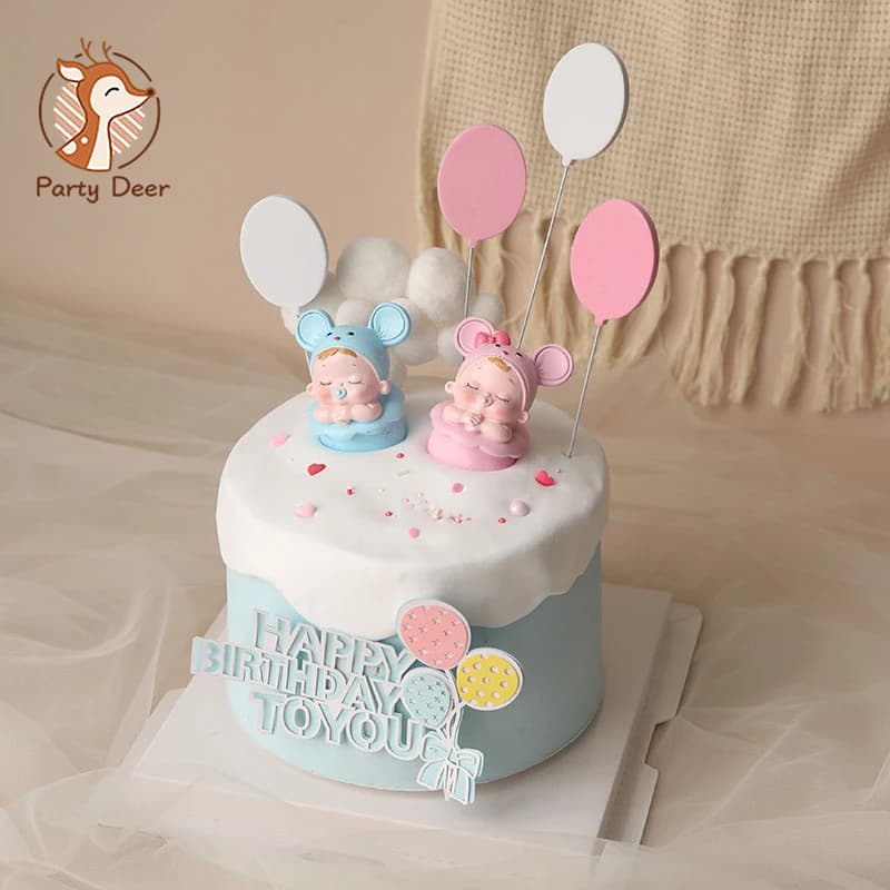 Décoration de gâteau en forme de souris pour bébé fille et garçon, ballon en boule de poils bleu et rose, cadeaux mignons pour dessert et fête, 1er 100 jours