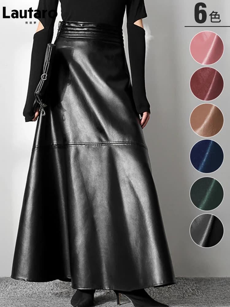 Lautaro automne longue noir une ligne doux Faux cuir jupe femmes taille haute bleu élégant Maxi jupes mode coréenne vêtements 2021