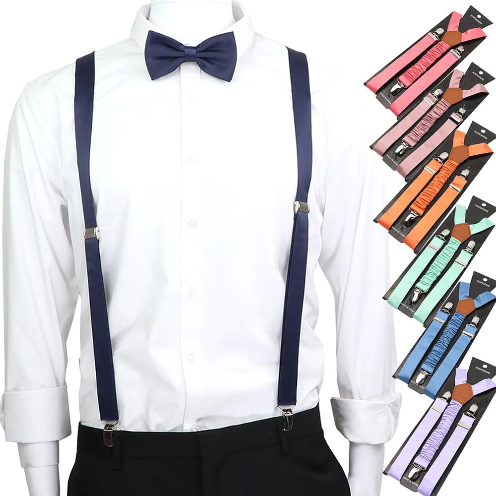 Ensemble de Bretelles et Nministériels d Papillon pour Homme et Femme, Accessoires de Mariage, à la Mode, Doux, Réglables, en Y, Orange, Bleu, Noir