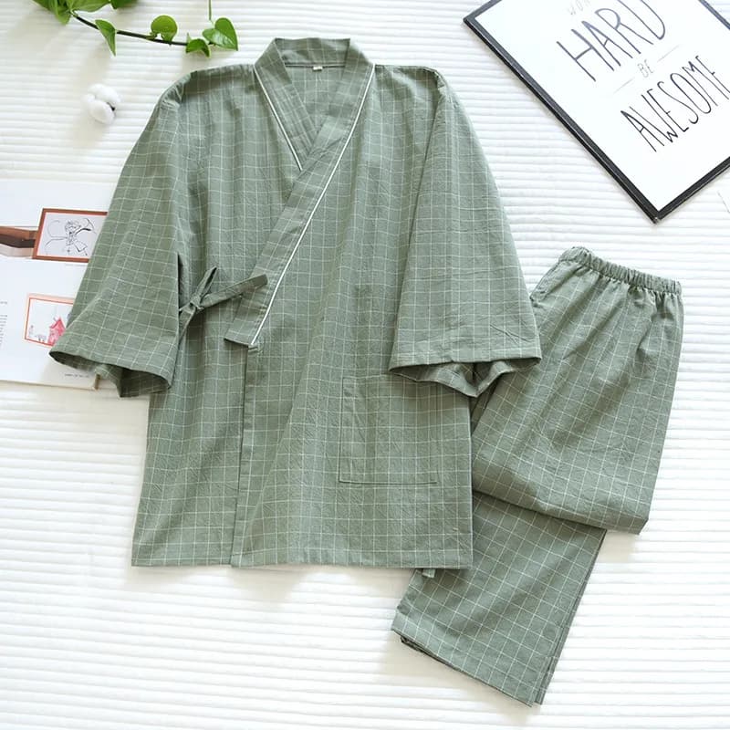 Pyjama Kimono trois-quarts à carreaux pour Couple, vêtements de nuit, col en v, en coton lavé, fin, pour la maison, 2 pièces, printemps