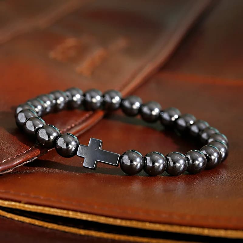 Nouveaux hommes perles croix hématite Bracelets en gros Bileklik méditation perle Bracelet femmes Yoga bijoux Homme