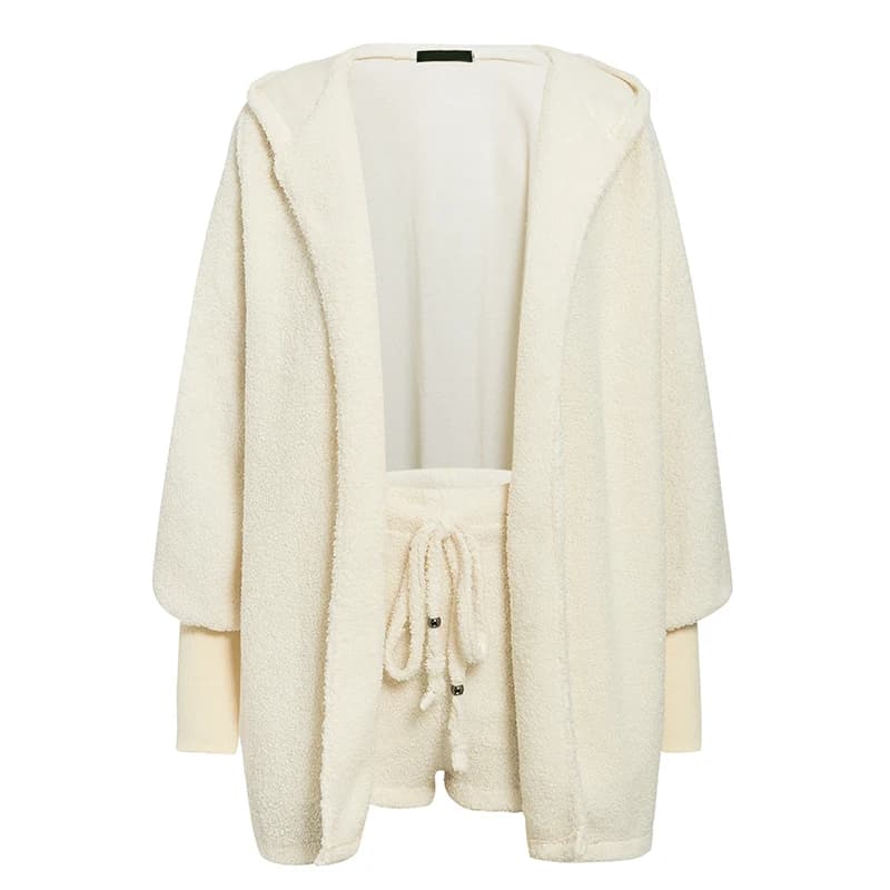 Ensembles de pyjama moelleux sexy pour femmes, survêtement 3 pièces, cardigan à capuche en peluche, manteau, haut court, short, vêtements de nuit décontractés, grande taille