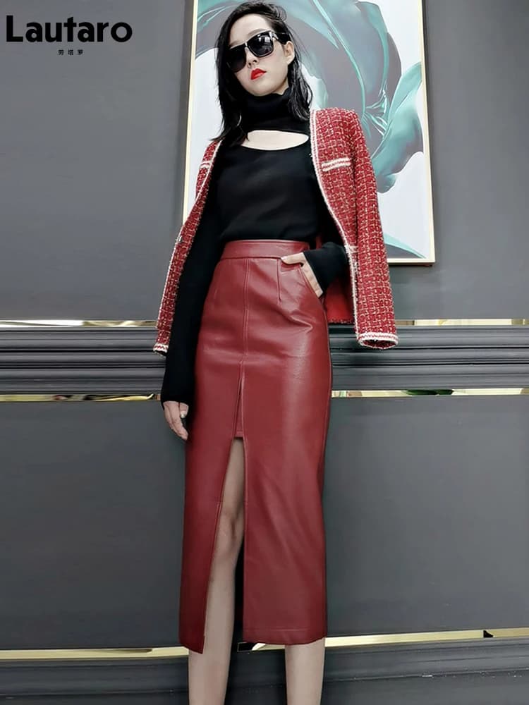 Jupe crayon longue en similicuir souple Lautaro pour femme avec fentes avant et poches, taille haute, longueur midi, couleur bordeaux