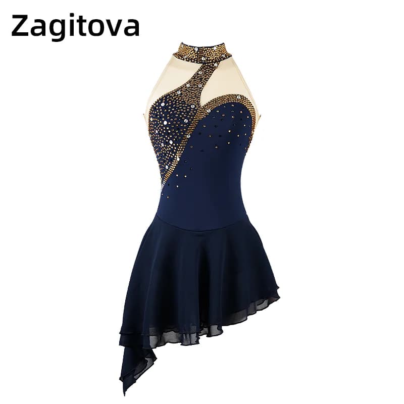Robe de patinage artistique pour femmes et filles, pôle de patinage artistique en fibre de glace, vêtements thermiques sexy avec biscuits, bleu marine et rouge