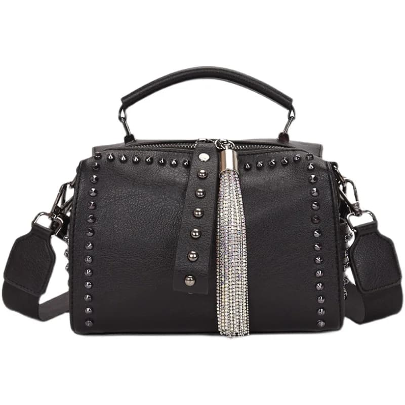Sac à main de luxe pour femme avec rivets, sac à bandoulière tendance à large sangle, sacs à bandoulière pour femme avec chaîne et pompon, sacs Boston noirs pour femme