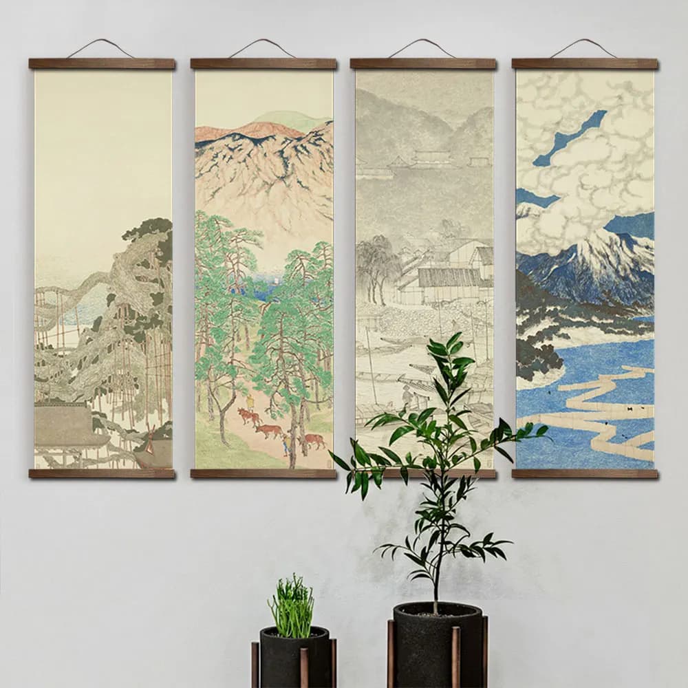 Toile d'Alpine de Paysage d'Encre de Style Japonais, Affiches d'Art Mural de Chambre à Coucher et de Salon, Défilement en Bois Massif Chinois, Customisation