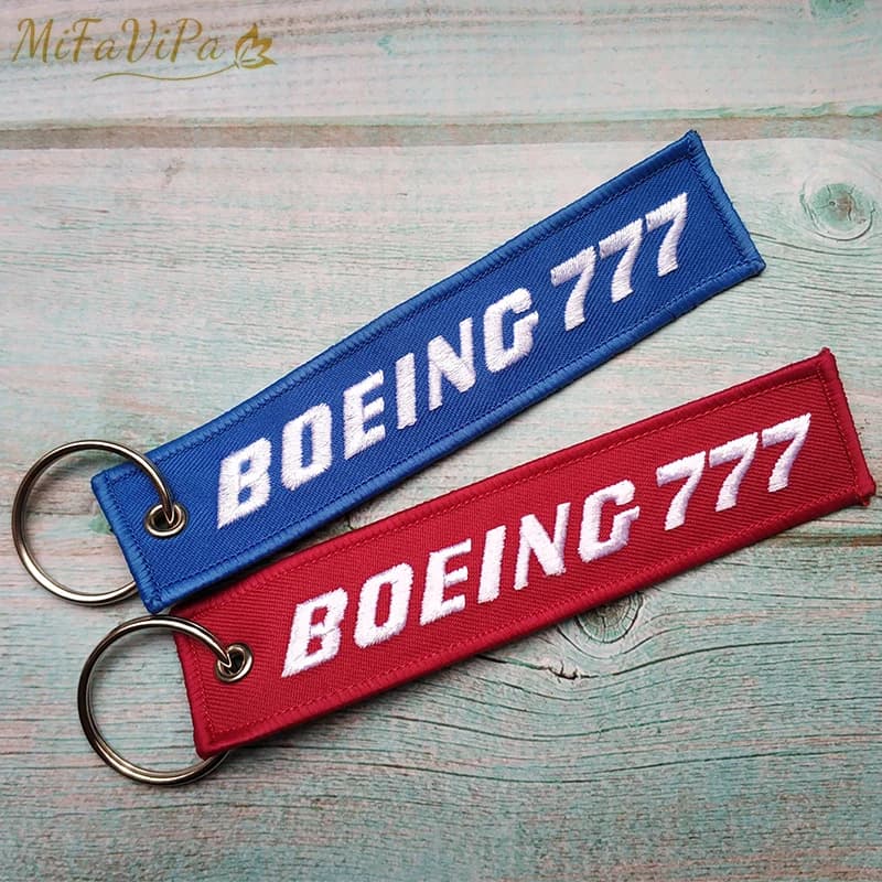 Porte-clés de téléphone Boeing 777 avec broderie bleue, porte-clés aviation rouge pour homme, étiquette de bagage Boeing 777, 2 pièces