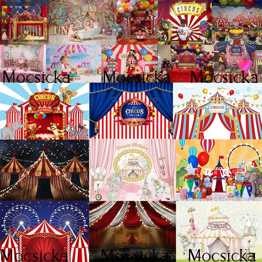 Mocsicka – toile de fond pour fête d'anniversaire, thème de cirque, arrière-plan pour Portrait de nouveau-né, enfants, arrière-plan pour Photo, tente rouge, carnaval, séance Photo