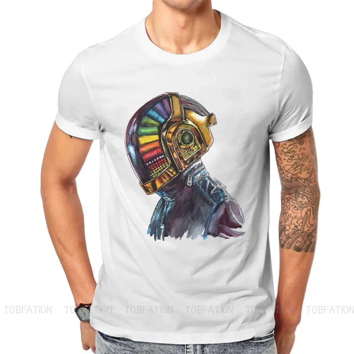 Casque arc-en-ciel Daft Punk groupe de musique électronique t-shirt graphique col rond t-shirt meilleure vente Harajuku hommes Streetwear